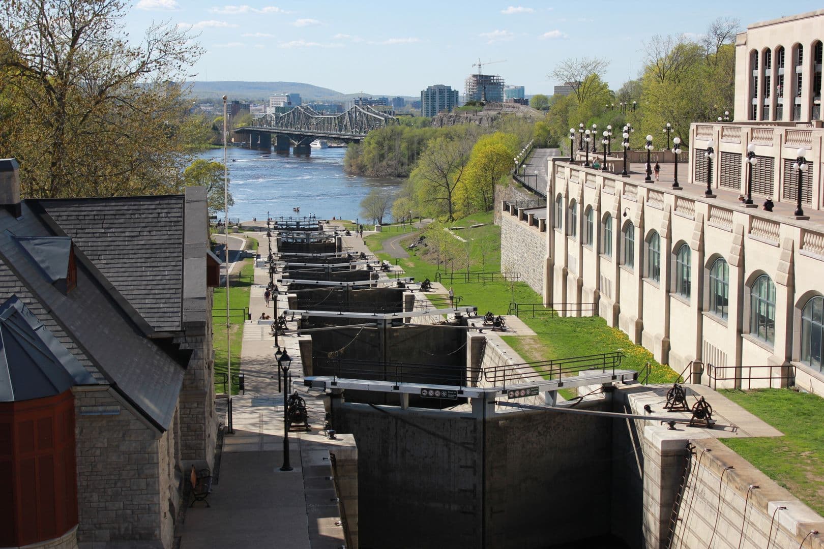 The historic Rideau Canal locks with spring foliage near Ottawa, Ontario